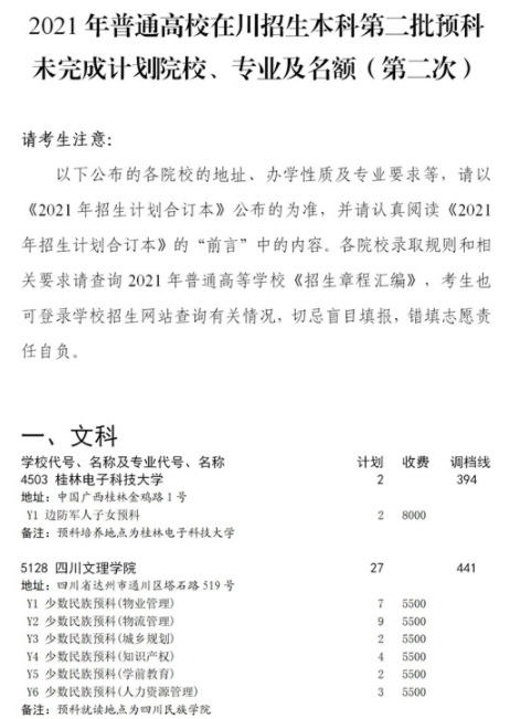 2021四川本科第二批預(yù)科第二次征集志愿時(shí)間及計(jì)劃
