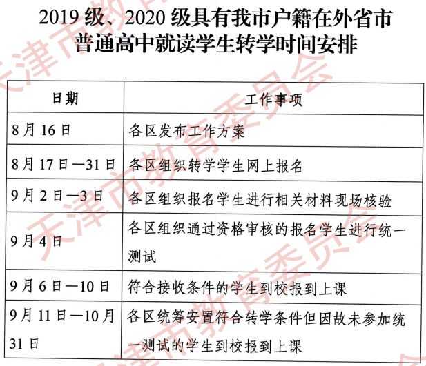 天津籍高中生在外省市就讀轉學時間