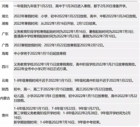 中小學寒假開學時間